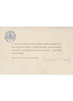  - Tasnádi Nagy András igazságügy-miniszter aláírt üdvözlőkártyája (1938), Budapest 1938 antikvár könyv