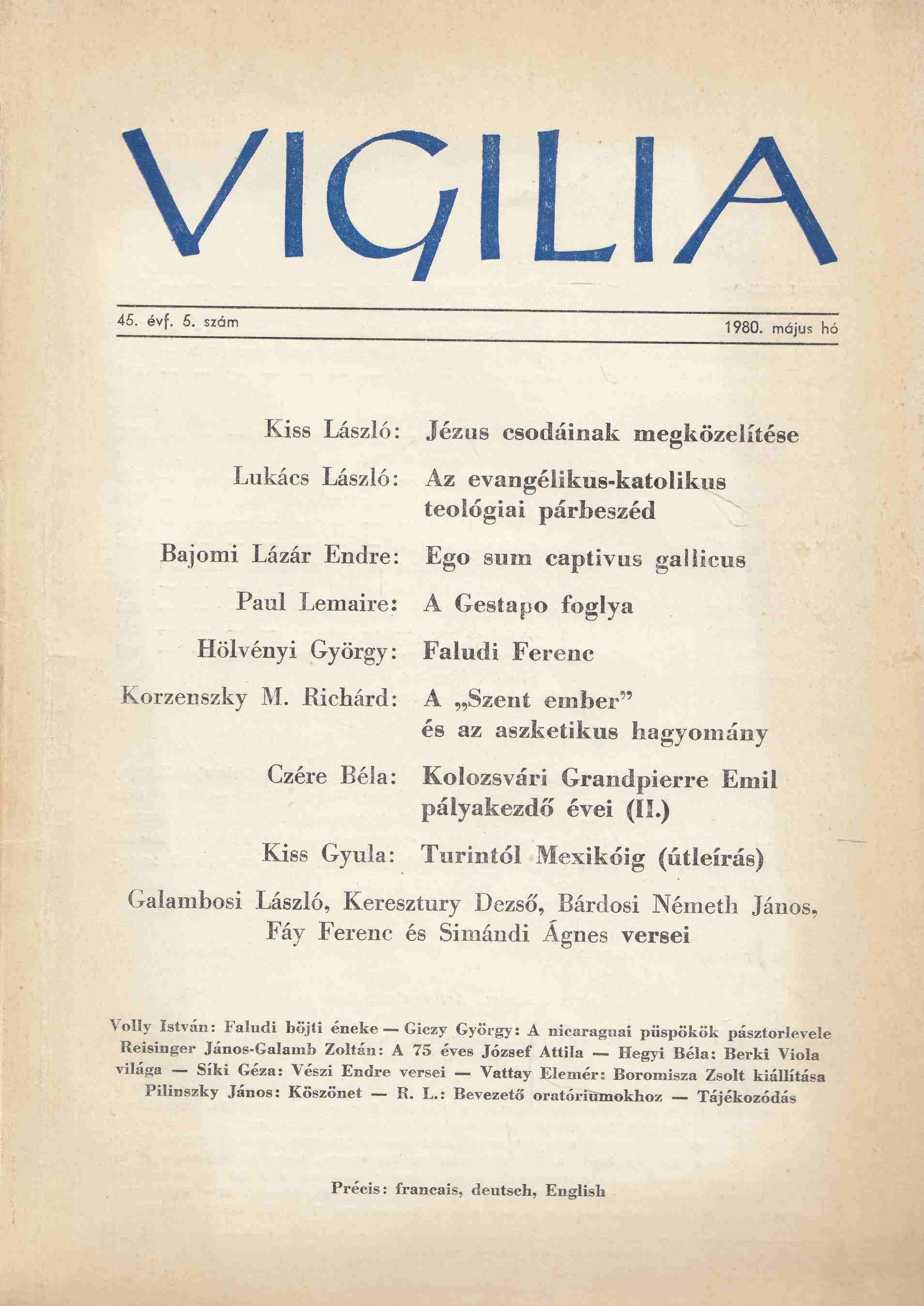 Hegyi Béla - Vigilia 1980. május - 45. évf. - 5. szám Hegyi Béla - Vigilia 1980. május - 45. évf. - 5. szám, Budapest 1980 antikvár könyv