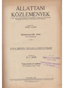 Soós Lajos - Állattani Közlemények 31. kötet 1934/1-4., 1935/1-4., Budapest 1934 antikvár könyv