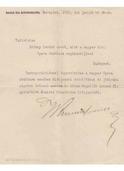  - Khuen-Héderváry Károly miniszterelnök gépelt, aláírt levele az Opera énekkarának, Budapest 1912 antikvár könyv