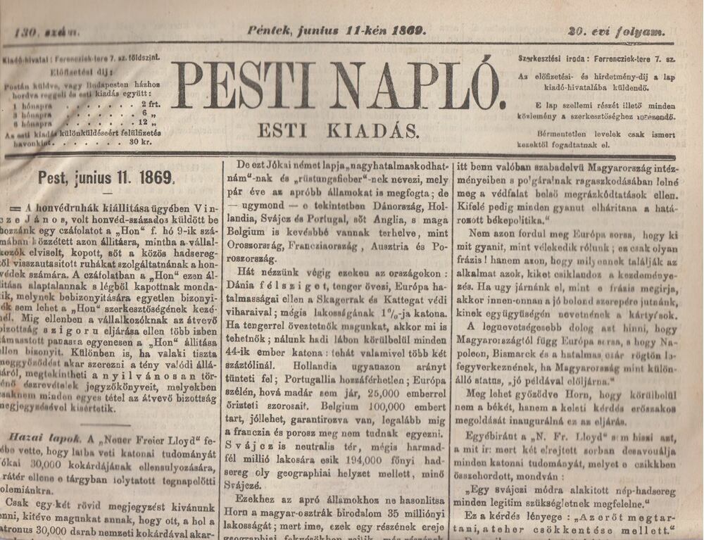 B. Kemény Zsigmond - Pesti Napló Esti Kiadás Péntek, június 11-kén 1869., Pest 1869 antikvár könyv