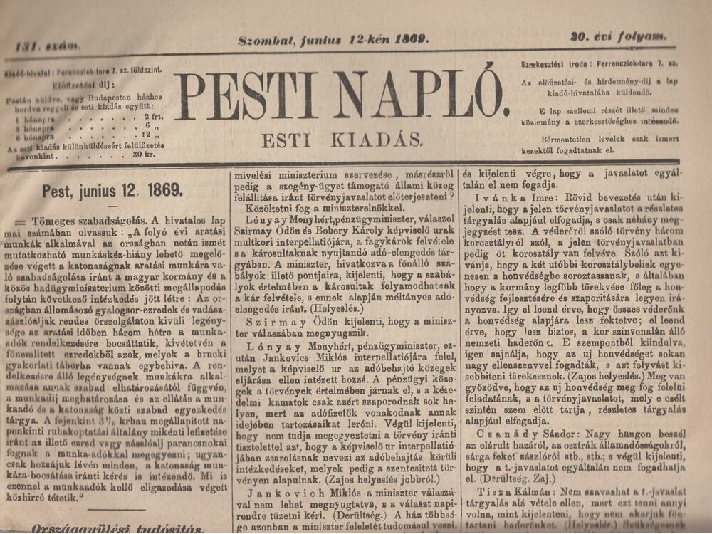 B. Kemény Zsigmond - Pesti Napló Esti Kiadás Szombat, június 12-kén 1869.