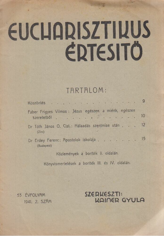 Kainer Gyula (szerk.) - Eucharisztikus Értesítő 1941. 2. szám