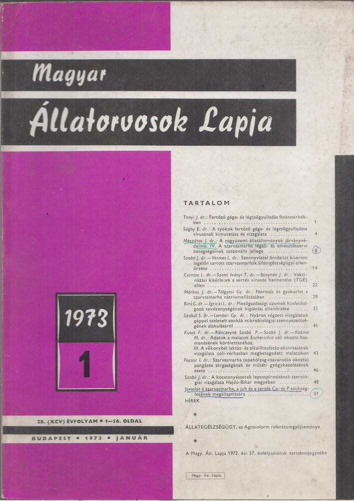 Holló Ferenc - Magyar Állatorvosok Lapja 1973. Január