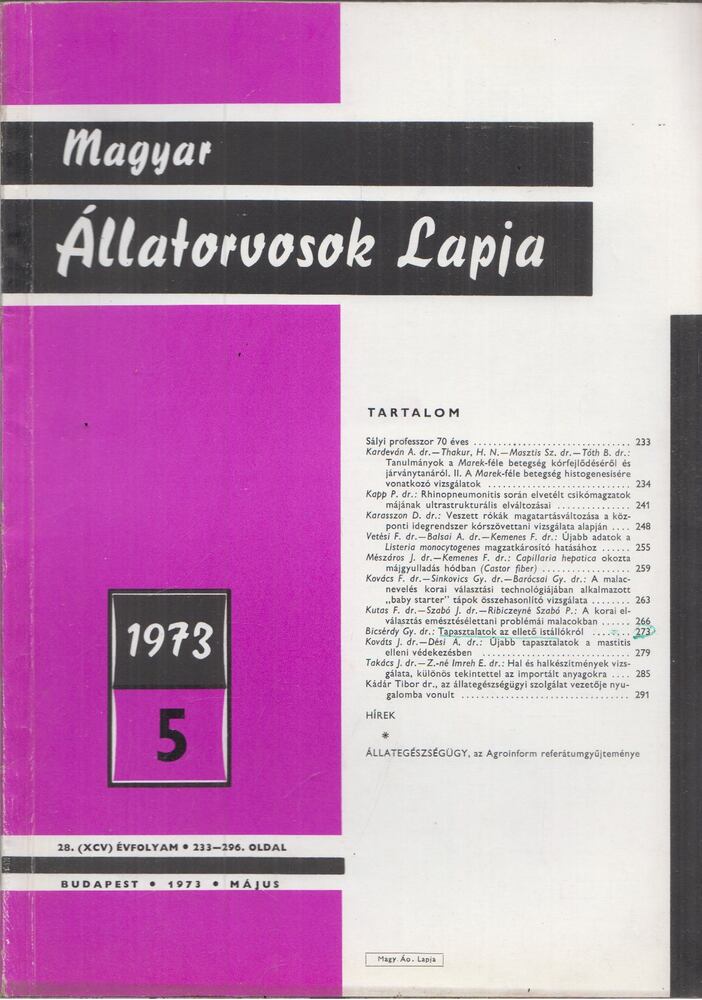 Holló Ferenc - Magyar Állatorvosok Lapja 1973. Május