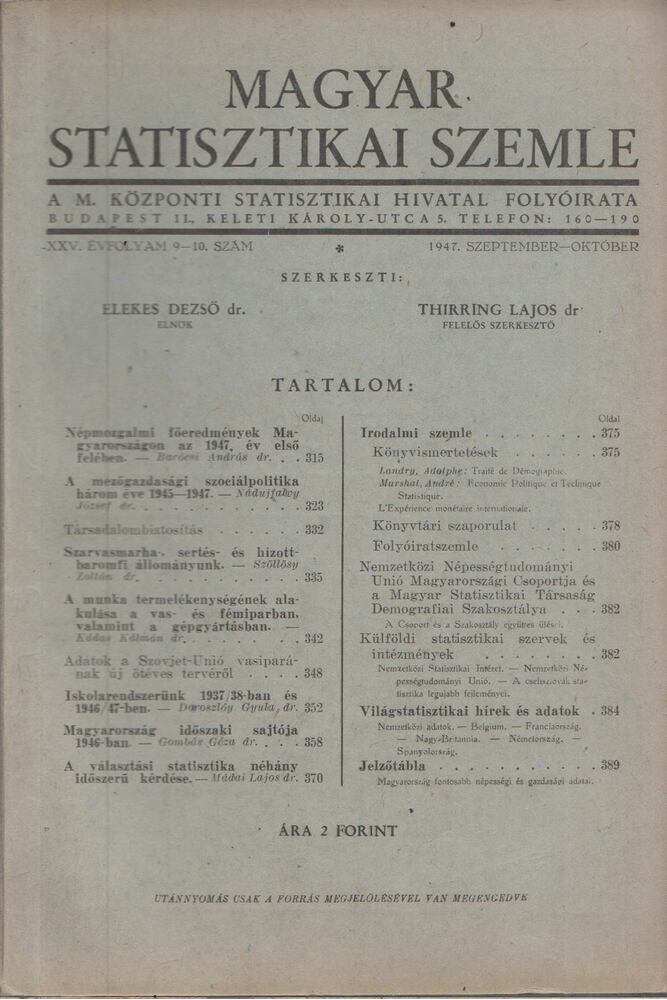 Elekes Dezső dr.,Dr. Thirring Lajos - Magyar Statisztikai Szemle 1947. 9-10. szám Szeptember-Október