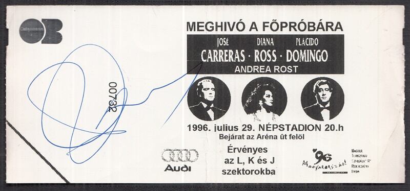  - Plácido Domingo aláírása a Szuperkoncert főpróbájára szóló belépőjegyen (1996)