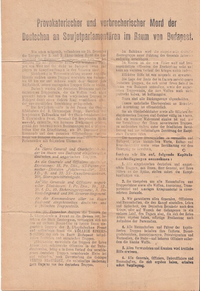  - Szovjet propaganda röplap Osztapenko és Steinmetz parlamenterek haláláról (1945)