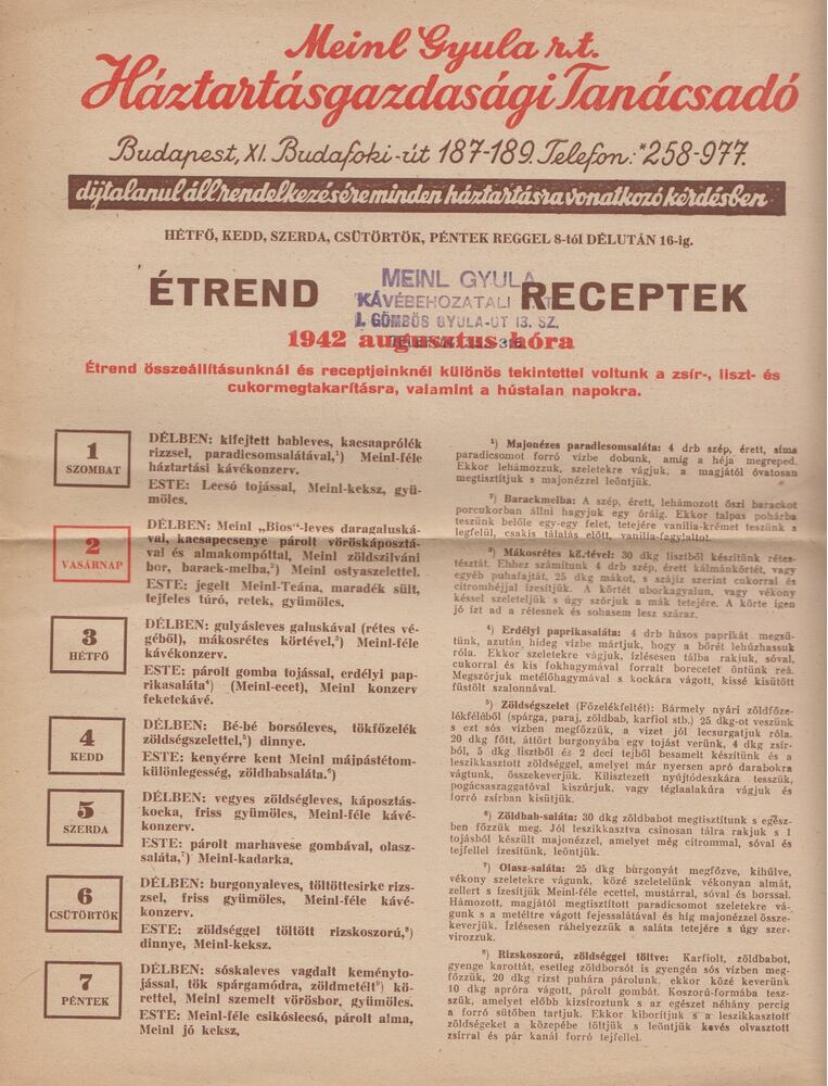 Meinl Gyula - Meinl Gyula R.t. háztartásgazdasági tanácsadó étrend, receptek 1942 augusztus hóra