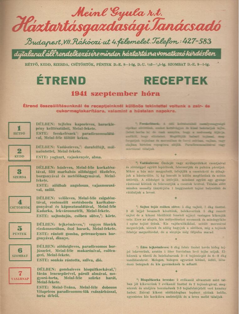 Meinl Gyula - Meinl Gyula R.t. háztartásgazdasági tanácsadó - Étrend, receptek 1941 szeptember hóra