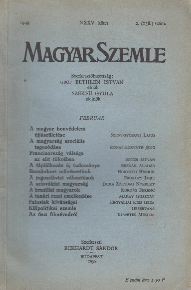Eckhardt Sándor - Magyar Szemle 1939. XXXV. kötet 2. (138.) szám, Budapest 1939 antikvár könyv