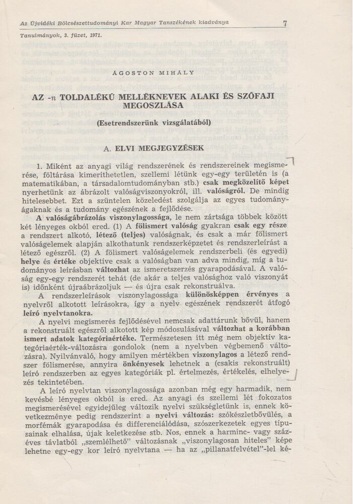 Ágoston Mihály - Az -n toldalékú melléknevek alaki és szófaji megoszlása (dedikált)