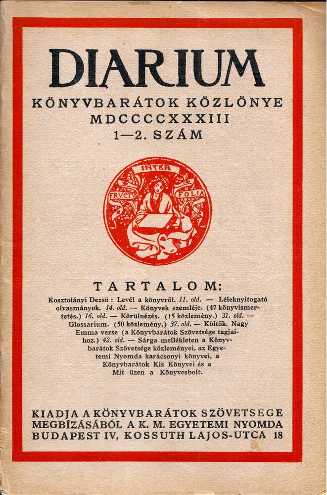 Czakó Elemér - Diarium 1933/1-2., Budapest 1933 antikvár könyv