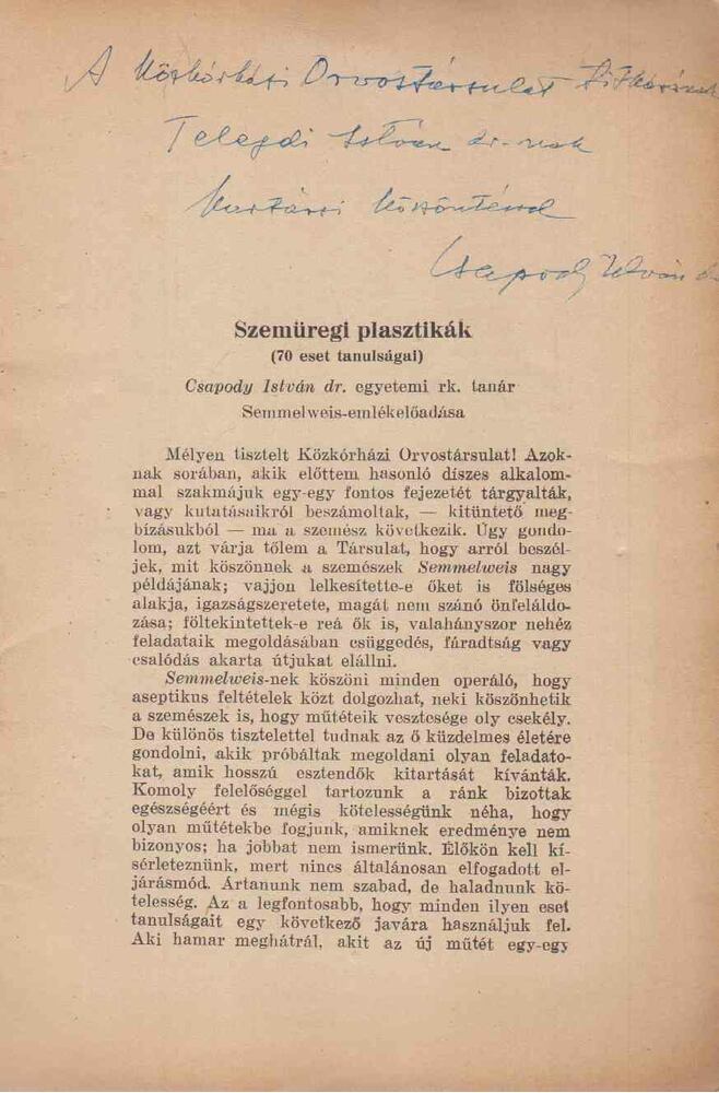 Dr. Csapody István - Szemüregi plasztikák (dedikált)