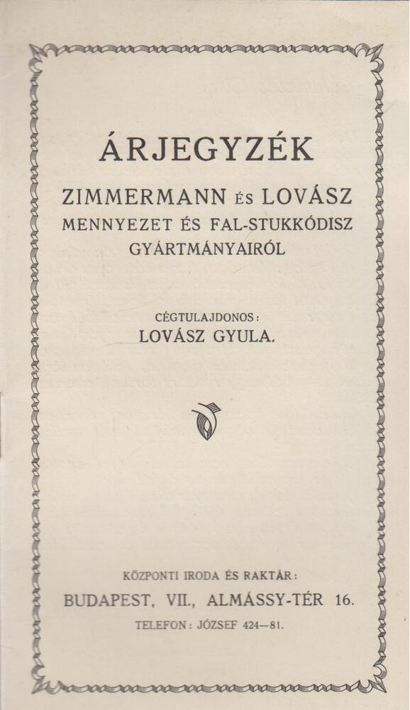  - Árjegyzék Zimmermann és Lovász mennyezet és fal-stukkódísz gyártmányairól, Budapest 1932 antikvár könyv