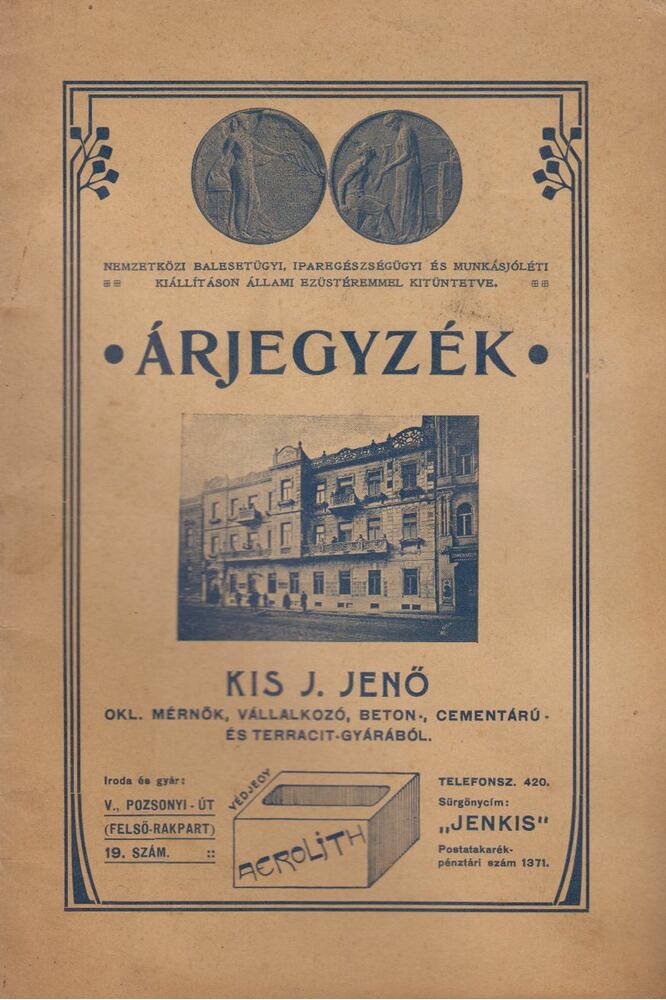  - Árjegyzék Kis J. Jenő okl. mérnök, vállalkozó beton-, cementáru és terracit gyárából, Budapest 0 antikvár könyv