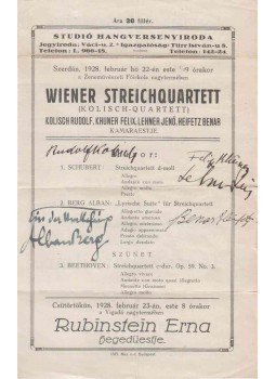  - Wiener Streichquartett (többszörösen aláírt hangversenycédula), Budapest 1928 antikvár könyv