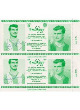  - Kettős, aláírt belépőjegy a Kocsis Sándor emlékére tartott mérkőzésre, Budapest 1992 antikvár könyv