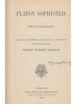 Platón - Platon Sophistája (magyar-görög), Budapest 1908 antikvár könyv