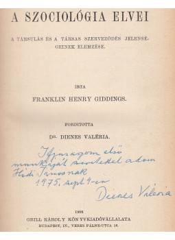 Giddings, Franklin Henry - A szociológia elvei (fordító által dedikált), Budapest 1908 antikvár könyv