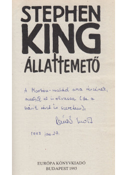 Stephen King - Állattemető (Szántó Judit fordító által dedikált), Budapest 1993 antikvár könyv