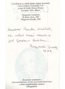 Carlo Goldoni - Vígjátékok (Magyarósi Gizella fordító által dedikált), Budapest 1993 antikvár könyv