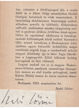 William Shakespeare - Shakespeare szonettjei (Szabó Lőrinc által aláírt), Budapest 0 antikvár könyv