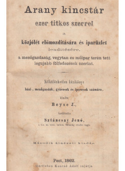 J. Beyse - Arany kincstár ezer titkos szerrel, Pest 1862 antikvár könyv