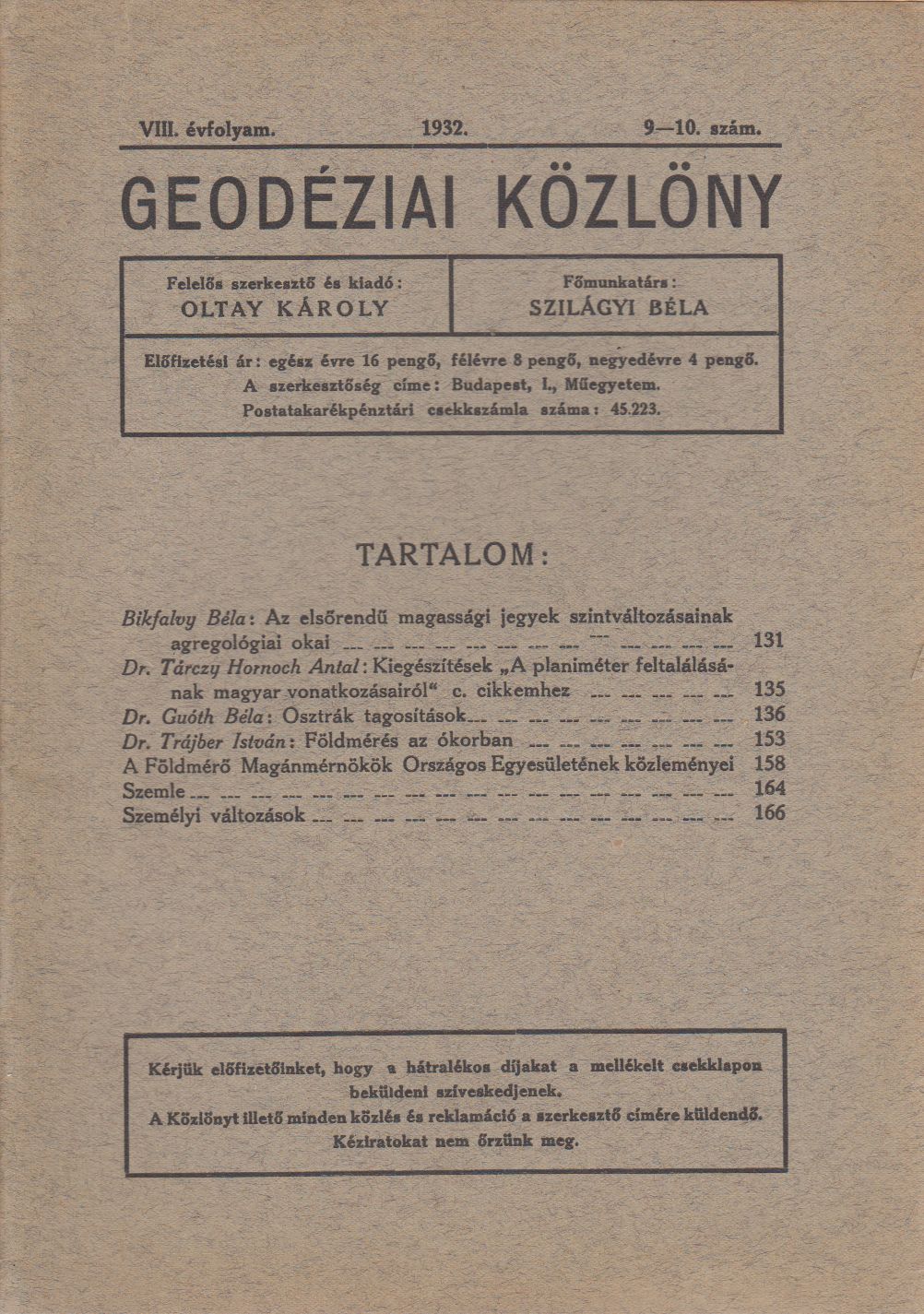 Oltay Károly - Geodéziai közlöny 1932 / 9-10.szám Oltay Károly - Geodéziai közlöny 1932 / 9-10.szám, Budapest 0 antikvár könyv