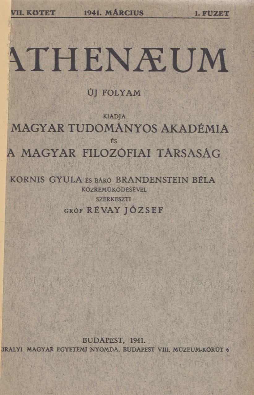 Gróf Révay József - Athenaeum 1941. március VII. kötet 1. füzet