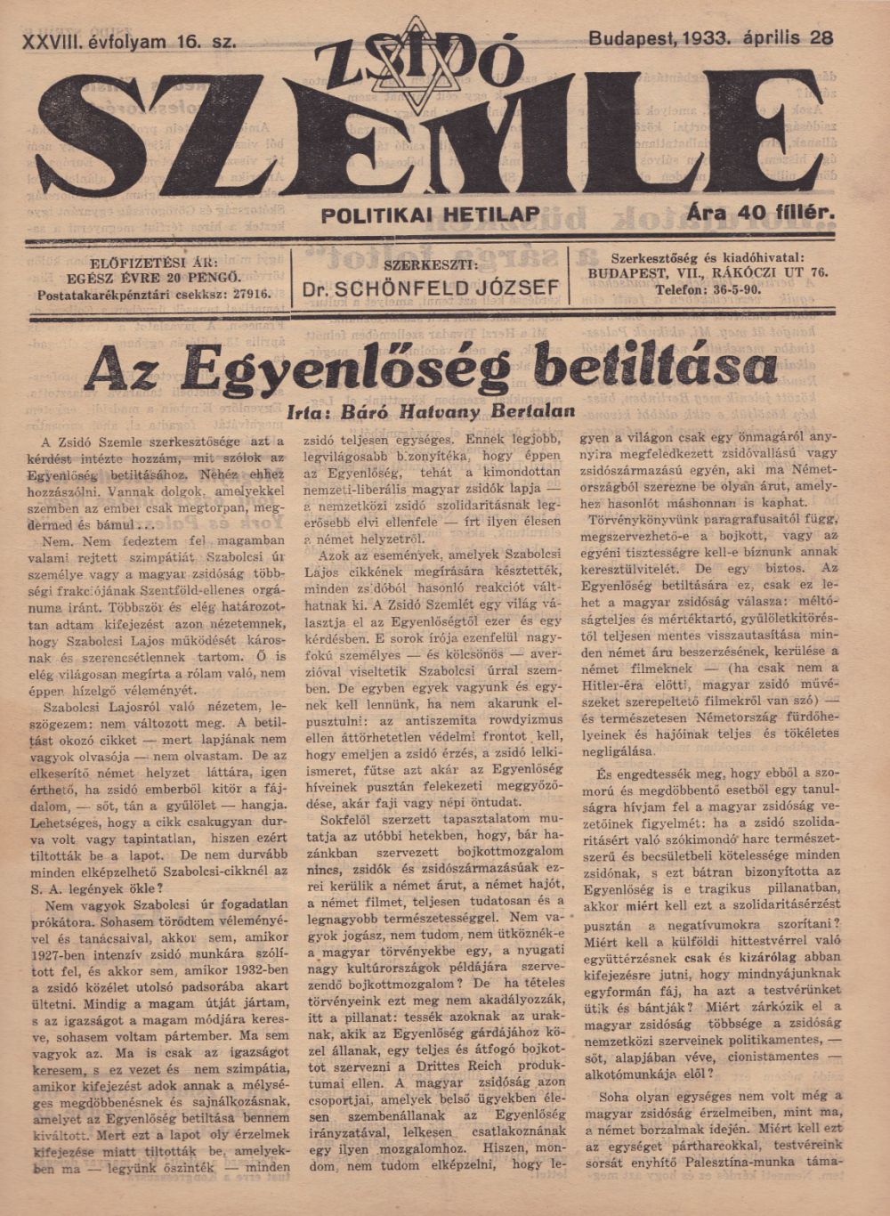 Schönfeld József - Zsidó Szemle XXVIII. évfolyam 8-44. szám. 1933. febr 24. – nov 24. (Csonka évfolyam)