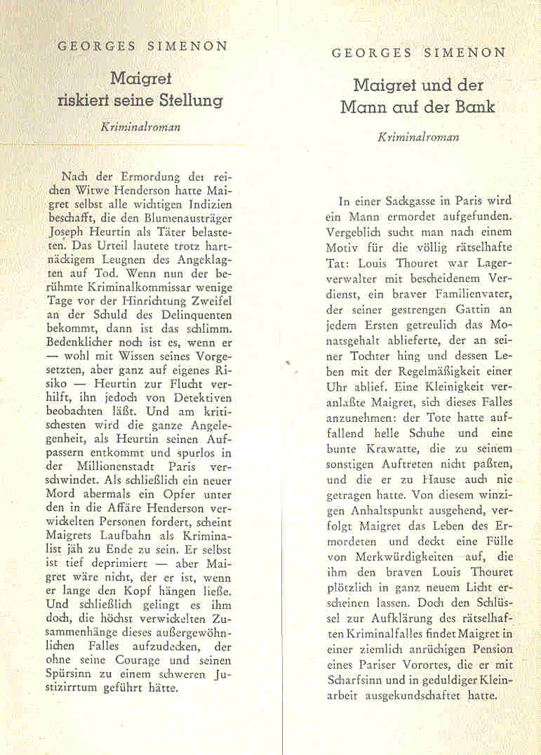Georges Simenon - Maigret und der Mann auf der Bank, Maigret riskiert seine Stellung
