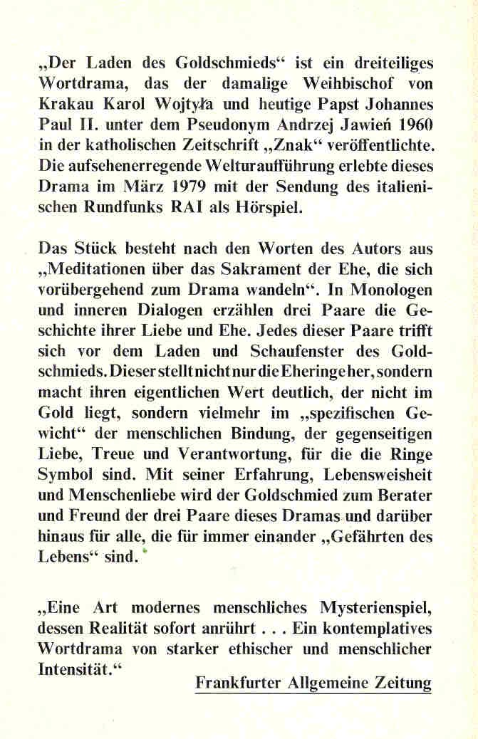 JAWIEN, ANDRZEJ - WOJTYLA, KAROL - Der Laden des Goldschmieds - Szenische Meditationen über Liebe und Ehe
