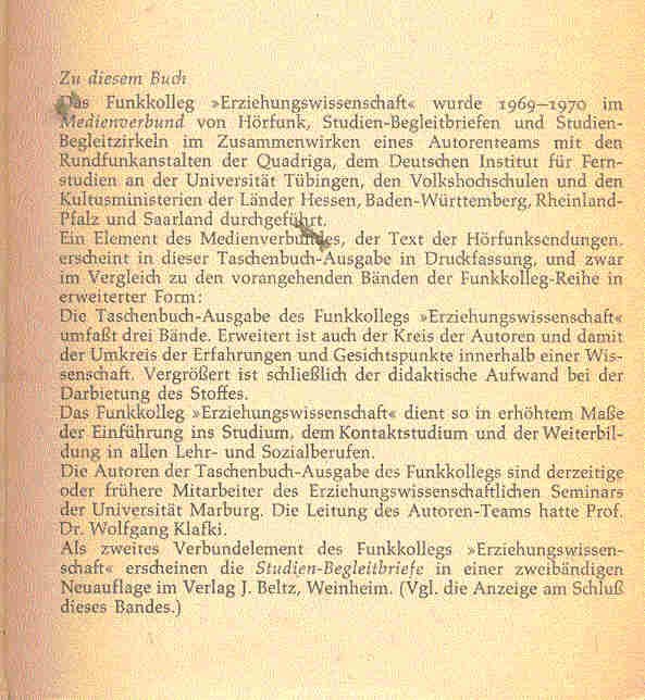 KLAFKI - RÜCKRIEM - WOLF - FREUDENSTEIN - BECKMANN - LINGELBACH - IBEN - DIEDRICH - Erziehungswissenschaft 1.