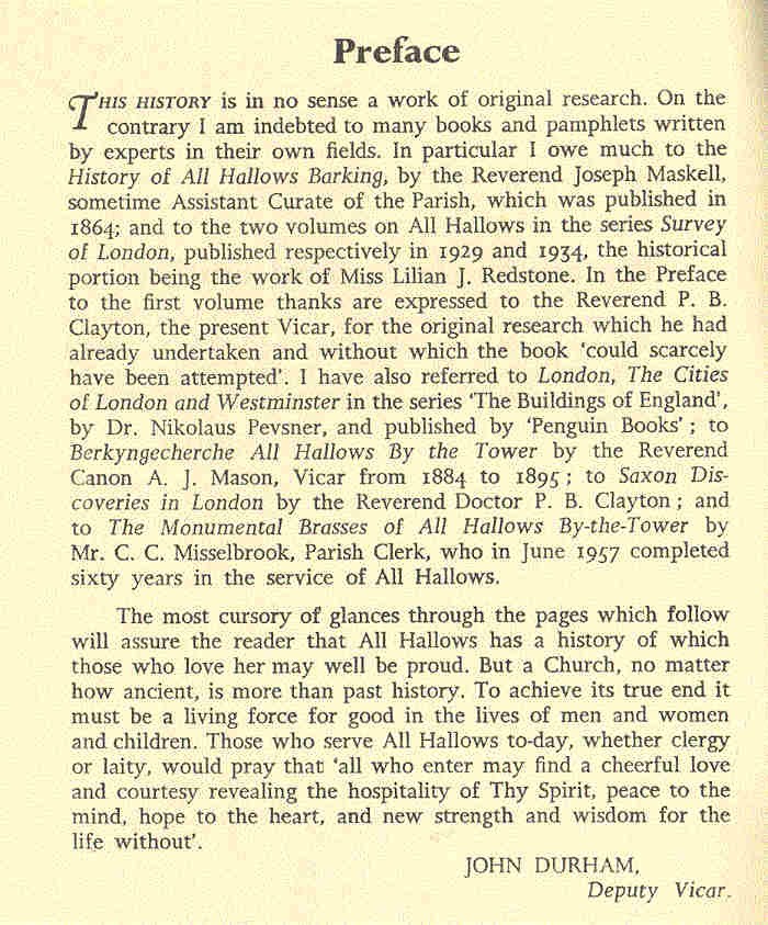 DURHAM, JOHN - A History of All Hallows by - the - Tower