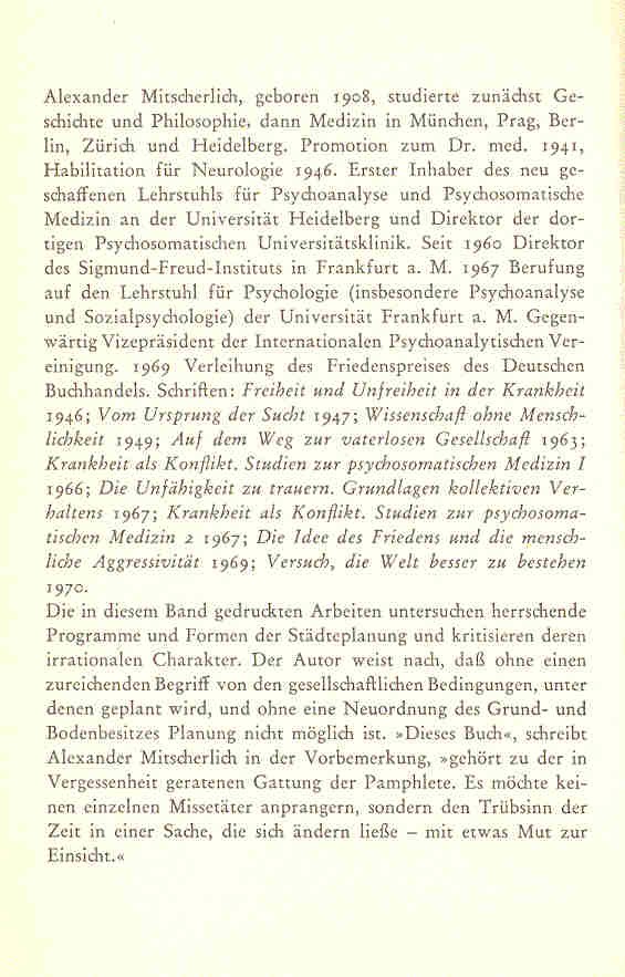 MITSCHERLICH, ALEXANDER - Die Unwirtlichkeit unserer Städte, Anstiftung zum Unfrieden