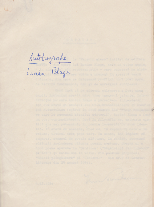 Blaga, Lucian,Porumbacu, Veronica,Giurgiuca, Emil - Lucian Blaga román költő önéletrajzának és publikációs listájának autográf tisztázata