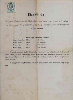  - Klamm János esztergomi főgymnasiumi bizonyítványa, Esztergom 1870 antikvár könyv